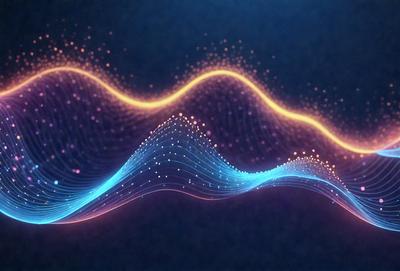 The primary subject of the image is a wave pattern, which is displayed in a digital art style. The setting is a dark background, and the visual style is a combination of a photo and digital art. The dominant colors in the image are blue and orange, creating a vibrant and dynamic atmosphere.