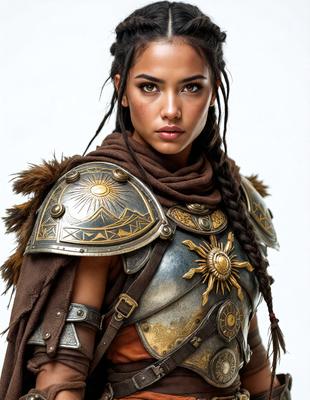 The primary subject of the image is a woman wearing a gold and brown armor, with a sun design on her chest. She is standing in front of a white background, which emphasizes her outfit. The visual style of the image is a combination of photo and digital art, creating a unique and eye-catching appearance. The colors and mood of the image are warm and vibrant, with the gold and brown armor adding a sense of strength and power to the scene.