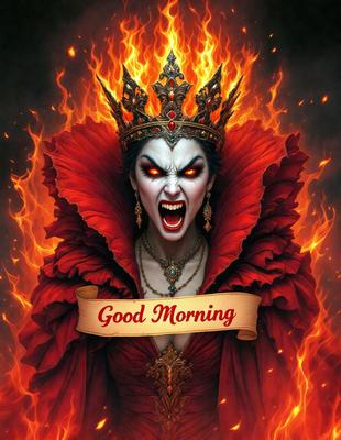 The primary subject of the image is a woman wearing a red crown and a red dress. She has a demonic appearance and is yawning with her mouth open. The setting is a dark and ominous environment, with a fiery background. The visual style is a digital art or illustration, creating a dramatic and intense atmosphere. The colors are predominantly red, which adds to the demonic and fiery mood of the scene.