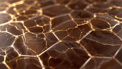 The primary subject of the image is a close-up of a patterned surface, which appears to be a textured material or a piece of art. The setting is a dark background, which contrasts with the patterned surface. The visual style is a combination of a photo and digital art, creating a unique and intriguing appearance. The colors and mood of the image are predominantly dark, with the patterned surface providing a contrasting element of light and texture.