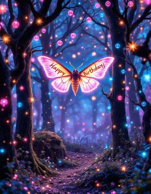 The primary subject of the image is a butterfly, which is flying in front of a forest. The setting is a forest with trees and a path. The visual style is digital art, and the colors and mood are vibrant and lively, with the butterfly being the main focus of the scene.