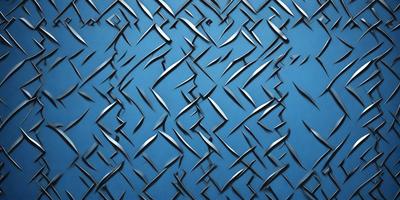 The primary subject of the image is a blue wall with a pattern of silver metal pieces or metal sculptures. The setting is a room with a blue background, and the visual style appears to be a combination of digital art and illustration. The dominant colors are blue and silver, creating a modern and sleek atmosphere.