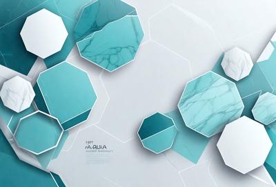 The primary subject of the image is a white marble-like surface with blue and white hexagonal shapes. The setting is a white background, and the visual style is a combination of digital art and illustration. The dominant colors are white and blue, creating a clean and modern atmosphere.