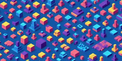 The primary subject of the image is a colorful, abstract arrangement of various shapes and colors. The setting is a blue background, which contrasts with the vibrant colors of the shapes. The visual style is a combination of digital art and illustration, creating a unique and eye-catching pattern. The dominant colors are blue, purple, yellow, and orange, giving the image a lively and energetic atmosphere.