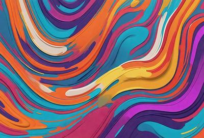 The primary subject of the image is a colorful, abstract painting featuring a mix of blue, orange, and purple hues. The painting is displayed on a wall, creating a vibrant and lively atmosphere. The visual style of the painting suggests that it is a digital art or illustration, rather than a photo or traditional painting. The colors and mood of the painting evoke a sense of creativity and artistic expression.