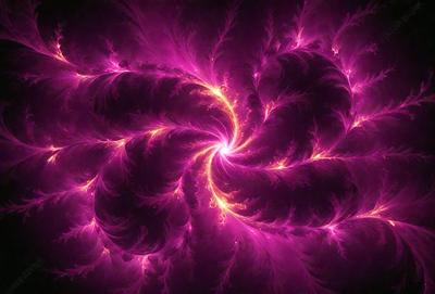 The primary subject of the image is a purple, pink, and orange flame-like pattern. The setting is a dark background, which contrasts with the vibrant colors of the flame pattern. The visual style appears to be a combination of digital art and illustration, creating a unique and eye-catching design. The dominant colors in the image are purple, pink, and orange, which together create a warm and inviting atmosphere.