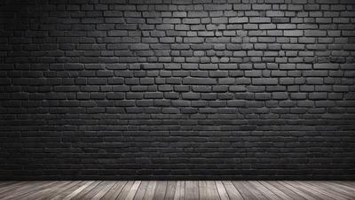 The primary subject of the image is a black brick wall. The setting is a black brick wall, and the visual style is a photo. The dominant colors are black and white, creating a stark and dramatic atmosphere.