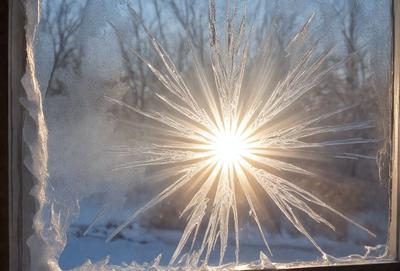 The primary subject of the image is a sun, which is shining through a window and creating a beautiful pattern of frost and ice on the window pane. The setting is indoors, with the sunlight illuminating the room. The visual style is a combination of a photo and digital art, as the sunlight creates a unique and artistic pattern on the window. The colors and mood of the image are predominantly white and cold, as the frost and ice create a wintery atmosphere.