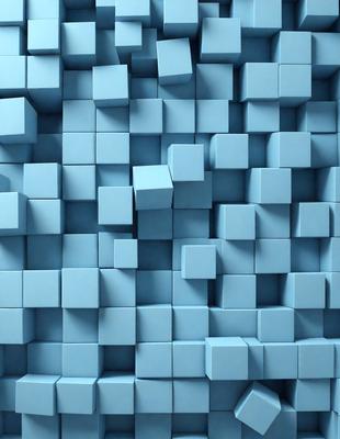 The primary subject of the image is a blue wall with a pattern of blue and white cubes. The setting is a blue wall with a blue and white pattern of cubes. The visual style is a digital art or illustration. The dominant colors are blue and white, creating a calm and soothing atmosphere.