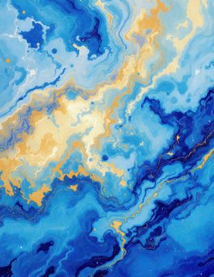 The primary subject of the image is a blue and yellow painting of a swirling, abstract design. The setting is a blue and yellow background, which complements the artwork. The visual style is a combination of digital art and illustration, creating a unique and vibrant atmosphere. The dominant colors are blue and yellow, which are used to create a sense of depth and movement in the painting.