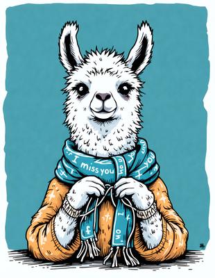 The primary subject of the image is a cute, anthropomorphic lamb wearing a scarf. The lamb is holding a sign that says "I miss you." The setting is a blue background, which adds to the overall mood of the image. The visual style is a combination of digital art and illustration, creating a whimsical and heartwarming scene.