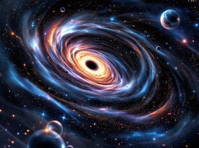 The primary subject of the image is a large, swirling, and colorful black hole. The setting is a space filled with various celestial objects, including planets and stars. The visual style is a digital art or illustration, creating a vibrant and dynamic scene. The dominant colors are blue and orange, with the black hole being the central point of interest. The overall atmosphere is one of wonder and exploration, as the viewer is drawn into the depths of the cosmic vortex.