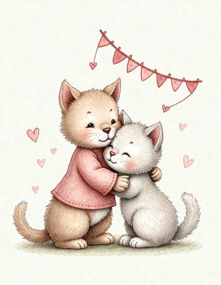 The image features two cats, one white and one brown, standing close to each other and hugging. They are positioned in front of a pink heart-shaped banner, which adds a playful and loving touch to the scene. The cats appear to be enjoying each other's company, creating a warm and affectionate atmosphere.