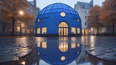 The primary subject of the image is a large blue dome-shaped building with a glass dome. The building is situated in a courtyard with a cobblestone surface. The setting is an outdoor environment with a brick building in the background. The visual style of the image is a photo, capturing the unique architecture of the building. The colors and mood of the image are predominantly blue, creating a calm and serene atmosphere.