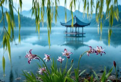 Primary subject: Flowers
Setting/background: Lake
Visual style: Photo
Colors and mood: Purple and blue