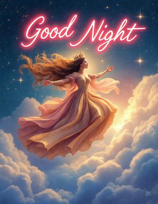 Good Night: A beautiful princess in a pink dress is flying through the sky, with a crown on her head. She is surrounded by clouds and stars, creating a magical and serene atmosphere. The image is a digital art illustration, featuring a combination of colors and textures to create a visually appealing scene.