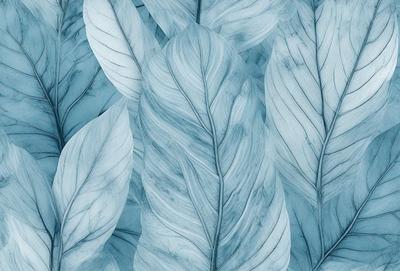 The primary subject of the image is a large, blue leaf with white veins. The leaf is prominently displayed in the foreground, covering a significant portion of the image. The setting is a blue background, which complements the leaf's color and adds to the overall visual style. The image is a digital art piece, showcasing the leaf as the main focus and creating a unique and artistic atmosphere.