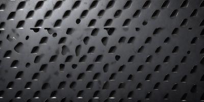 The primary subject of the image is a close-up of a metal surface with a pattern of holes. The setting is a black background, and the visual style appears to be a photo. The dominant colors are black and silver, creating a sleek and modern atmosphere.