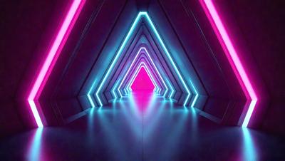 The primary subject of the image is a long, narrow hallway with a blue and pink neon lighting effect. The setting is a futuristic environment, possibly a space station or a futuristic building. The visual style is a digital art or illustration, with the neon lights creating a unique and captivating atmosphere. The dominant colors are blue and pink, giving the scene a futuristic and vibrant mood.