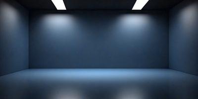 The primary subject of the image is a large, empty room with a blue wall. The setting is a dark room with a blue wall, and the visual style is a black and white photo. The colors and mood of the image are predominantly dark and moody, with the blue wall providing a contrasting element.