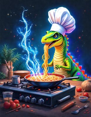 The primary subject of the image is a cartoon dinosaur chef, wearing a chef's hat and standing next to a pot of spaghetti. The dinosaur is holding a fork full of spaghetti, and the scene appears to be set in a kitchen. The visual style of the image is digital art, with a vibrant and playful atmosphere. The colors are predominantly shades of green, red, and yellow, which contribute to the lively and fun nature of the scene.