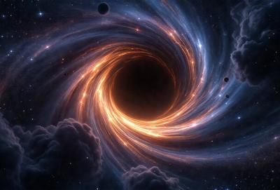 The primary subject of the image is a large, brightly lit, and colorful black hole. The setting is a space filled with stars, creating a vibrant and dynamic backdrop. The visual style is a combination of photo and digital art, giving the image a unique and captivating appearance. The dominant colors are orange and blue, with the black hole being the central point of interest, creating a sense of depth and intrigue.