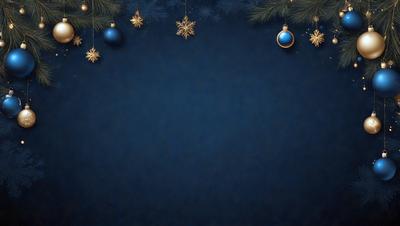 The primary subject of the image is a blue background with a few gold ornaments hanging from it. The setting is a dark blue background, and the visual style appears to be a digital art or illustration. The colors and mood of the image are dark and moody, with the gold ornaments adding a touch of brightness to the overall atmosphere.