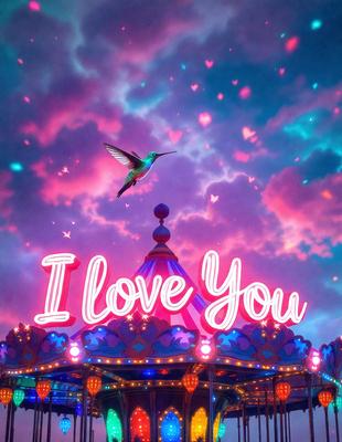 The primary subject of the image is a heart-shaped sign with the words "I Love You" written on it. The setting is a carnival or amusement park, as indicated by the presence of a Ferris wheel in the background. The visual style is a combination of digital art and illustration, creating a vibrant and colorful atmosphere. The dominant colors are pink and purple, which are associated with love and affection.