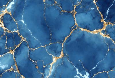 The primary subject of the image is a blue marble wall with gold veins. The setting is a room with a blue marble floor. The visual style is a close-up of the marble wall, showcasing its unique texture and design. The colors and mood of the image are predominantly blue and gold, creating a luxurious and elegant atmosphere.