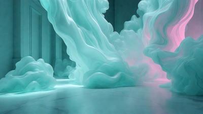 The primary subject of the image is a large, colorful sculpture of a cloud. The sculpture is made of a combination of blue and pink colors, giving it a vibrant and lively appearance. The setting is a room with a white floor, which provides a clean and minimalist backdrop for the sculpture. The visual style of the image is a mix of digital art and illustration, creating a unique and eye-catching piece of art. The overall atmosphere of the image is one of creativity and artistic expression.