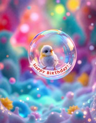 The primary subject of the image is a small bird sitting on top of a colorful, bubbly, and swirly surface. The bird appears to be a baby bird, and it is surrounded by a vibrant and lively environment. The setting is a mix of a patterned background and a swirly surface, creating a visually appealing and playful atmosphere. The visual style of the image is a combination of photo and digital art, giving it a unique and creative appearance. The colors and mood of the image are predominantly bright and cheerful, with the bird and its surroundings being the main focus of the scene.