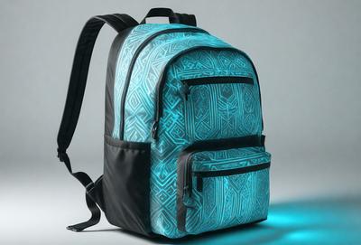 The primary subject of the image is a blue and black backpack with a patterned design. The backpack is placed on a white background, which creates a clean and minimalist appearance. The visual style of the image is a combination of photo and digital art, as it features a close-up view of the backpack with a detailed pattern. The colors and mood of the image are predominantly blue and black, giving it a modern and sophisticated feel.