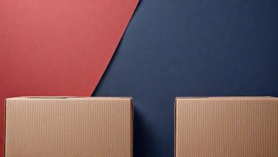 The primary subject of the image is a pair of brown cardboard boxes. The setting is a wall with a red and blue color scheme. The visual style is a photo, and the colors and mood are warm and vibrant.