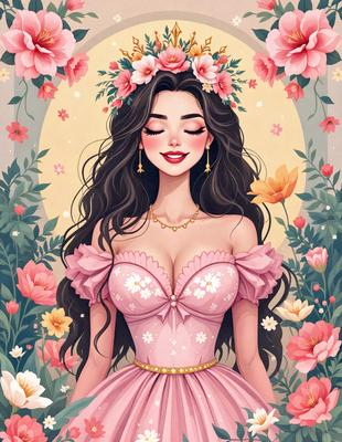 The primary subject of the image is a woman wearing a pink dress and a crown of flowers on her head. She is smiling and appears to be the main focus of the scene. The setting is a garden, with flowers and plants surrounding her. The visual style is a combination of digital art and illustration, creating a vibrant and lively atmosphere. The colors are predominantly pink, which adds a sense of warmth and happiness to the scene.