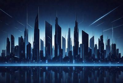 The primary subject of the image is a futuristic cityscape, featuring a large number of skyscrapers and a blue sky. The setting is a dark, futuristic environment, with the cityscape as the main focus. The visual style is digital art, with the buildings and sky appearing as a digital illustration. The colors and mood of the image are predominantly dark and moody, with the blue sky contrasting against the dark cityscape.