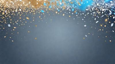 The primary subject of the image is a blue background with gold confetti falling on it. The setting is a dark room, and the visual style is a combination of a photo and digital art. The colors are predominantly blue and gold, creating a warm and festive atmosphere.