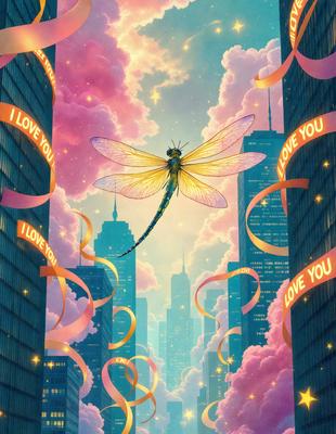 The primary subject of the image is a dragonfly, which is flying in the air. The setting is a cityscape with tall buildings and a pink sky. The visual style is digital art, and the dominant colors are pink and yellow. The overall atmosphere is whimsical and playful.