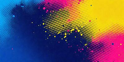 The primary subject of the image is a blue background with a pattern of yellow and pink dots. The setting is a colorful and vibrant environment, likely an artistic or creative space. The visual style of the image is a combination of digital art and illustration, as the dots are arranged in a visually appealing manner. The colors and mood of the image are lively and energetic, with the blue background providing a calm and soothing base for the vibrant yellow and pink dots.
