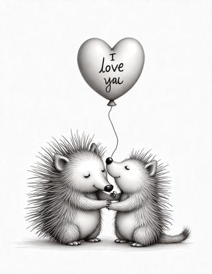 The image features two hedgehogs, one on the left and the other on the right, standing close to each other. They are both holding balloons, with one balloon being larger and positioned above the hedgehogs, while the other balloon is smaller and located below them. The scene appears to be a playful and whimsical illustration, possibly depicting a heartfelt moment between the two hedgehogs.