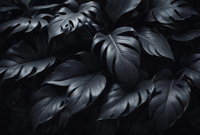 The primary subject of the image is a large group of dark green leaves, which are the main objects in the scene. The leaves are arranged in a dense, leafy pattern, creating a visually striking and somewhat mysterious atmosphere. The setting appears to be a black and white photograph, which adds to the timeless and classic feel of the image. The visual style is a close-up of the leaves, emphasizing their intricate details and textures. The colors and mood of the image are predominantly dark and moody, with the green leaves serving as the main focal point.