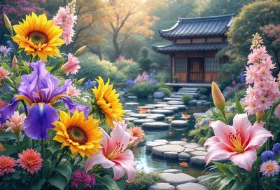 The primary subject of the image is a beautiful garden with a variety of flowers, including sunflowers and lilies. The garden is situated next to a pond, and there is a small building nearby. The setting is a serene and picturesque outdoor environment. The visual style of the image is a combination of photo and digital art, creating a vibrant and lively atmosphere. The colors and mood of the image are predominantly warm and inviting, with the flowers and pond adding a touch of natural beauty to the scene.