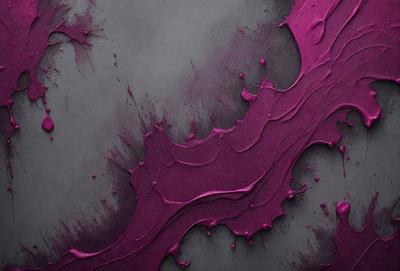 The primary subject of the image is a purple substance, which appears to be a mixture of paint and water. The setting is a gray background, and the visual style is a close-up of the purple substance. The colors and mood of the image are predominantly purple, creating a moody and artistic atmosphere.
