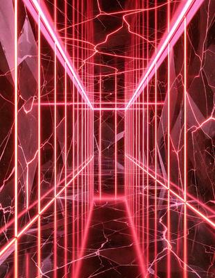 The primary subject of the image is a hallway with a red light illuminating it. The setting is a dark room with a marble floor, and the visual style appears to be a digital art or illustration. The dominant colors in the image are red and pink, creating a bold and striking atmosphere.