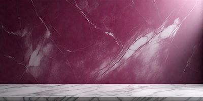 The primary subject of the image is a marble countertop with a purple marble wall behind it. The setting is a room with a purple marble wall, and the visual style is a photo. The colors and mood of the image are predominantly purple, creating a calm and elegant atmosphere.