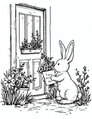 The primary subject of the image is a cute bunny holding a card with the words "I miss you" written on it. The bunny is standing in front of a door, which serves as the setting for the scene. The visual style of the image is a hand-drawn illustration, giving it a warm and charming atmosphere. The dominant colors in the image are shades of brown and green, which are associated with nature and the outdoors.