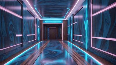 The primary subject of the image is a hallway with a blue carpet. The setting is a room with a wooden door and a blue carpet. The visual style is a photo, and the colors and mood are predominantly blue, creating a calm and serene atmosphere.