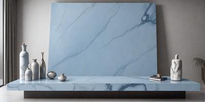 The primary subject of the image is a marble countertop with a blue marble finish. The setting is a bathroom, with a sink and a book placed on the countertop. The visual style is a photo, capturing the natural beauty of the marble countertop and the surrounding bathroom environment. The colors and mood of the image are predominantly blue, creating a calm and serene atmosphere.