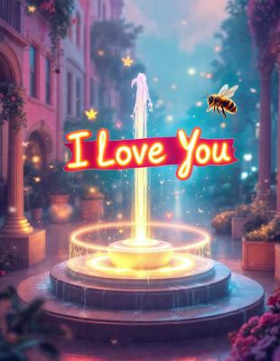 The primary subject of the image is a fountain with a heart-shaped sign above it. The setting is a city street with a pink building in the background. The visual style is digital art, and the colors are predominantly pink and yellow, creating a warm and inviting atmosphere.