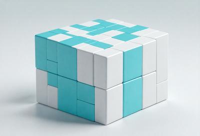 The primary subject of the image is a blue and white cube, which is a three-dimensional puzzle. The cube is placed on a white surface, which serves as the setting or background. The visual style of the image is a photo, capturing the intricate details of the puzzle. The dominant colors in the image are blue and white, creating a sense of calm and focus.