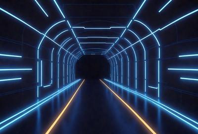 The primary subject of the image is a long, narrow, blue-lit tunnel. The setting is a dark, enclosed space with a blue glow illuminating the tunnel. The visual style is a digital art or illustration, creating a futuristic and surreal atmosphere. The dominant colors are blue and black, with the blue lighting creating a sense of depth and mystery.